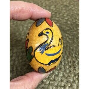 Vintage Folk Art Carved Colorful Swans And Flowers Wooden Egg